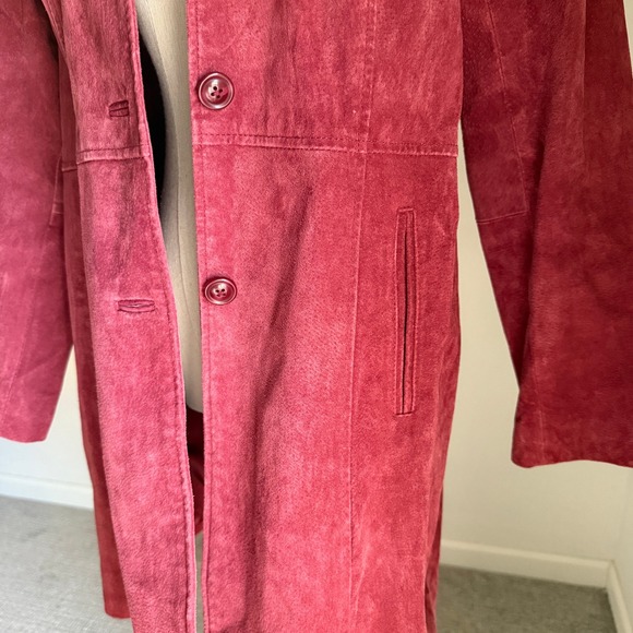 Burgundy 100% Leather Suede Trench Coat Jacket Small Denim & Co Academia Boho - Picture 4 of 16